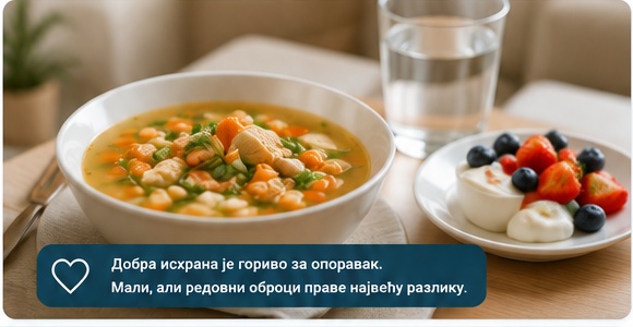 Topao obrok, jogurt sa voćem i čaša vode tokom oporavka